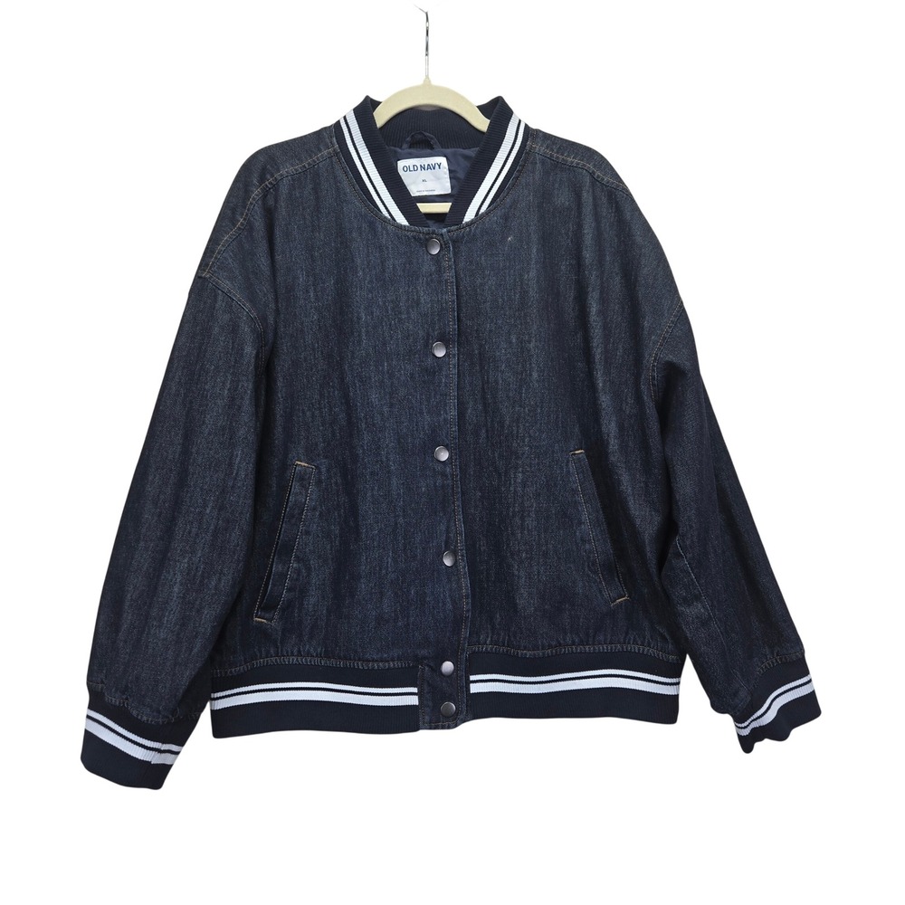Old‎ Navy Womens XL Denim Bomber Jacket Dark Wash Varsity Letterman Snap Front